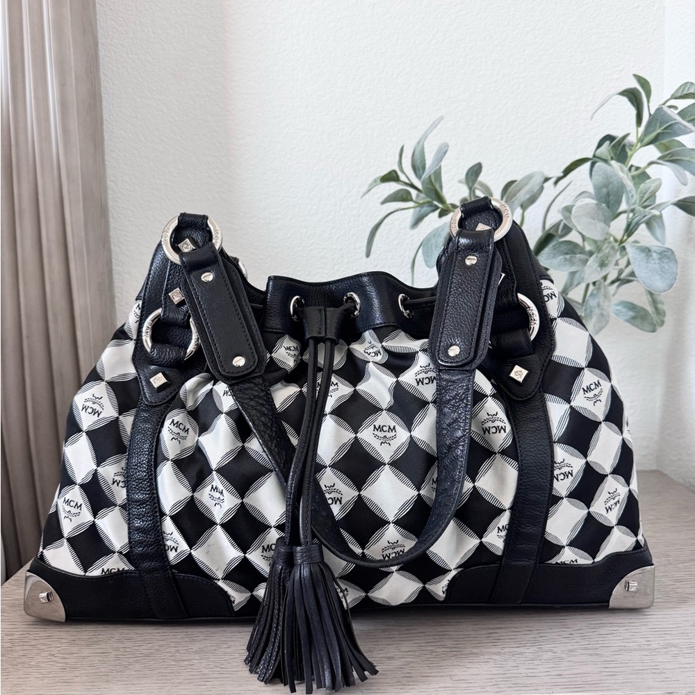 MCM Black & White Logo Drawstring Shoulder Bag with Tassel